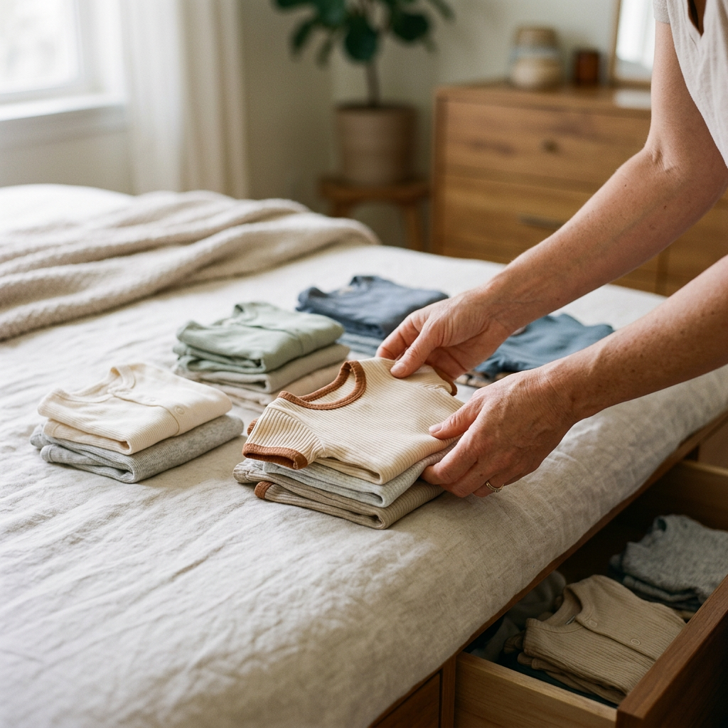 Neat small stacks of folded baby bodysuits and rompers beside an open dresser drawer