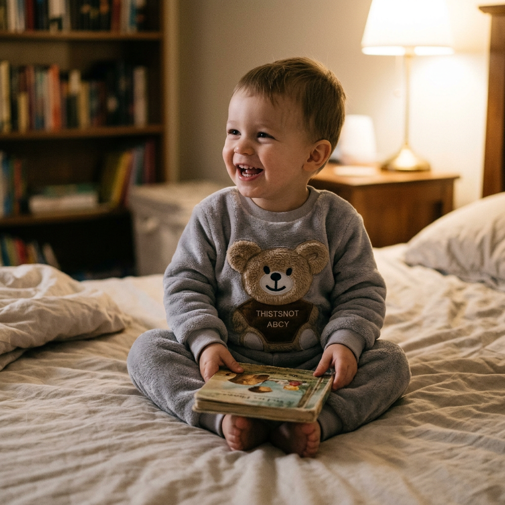 Toddler sitting on a bed wearing a fleece bear-print two-piece pajama set