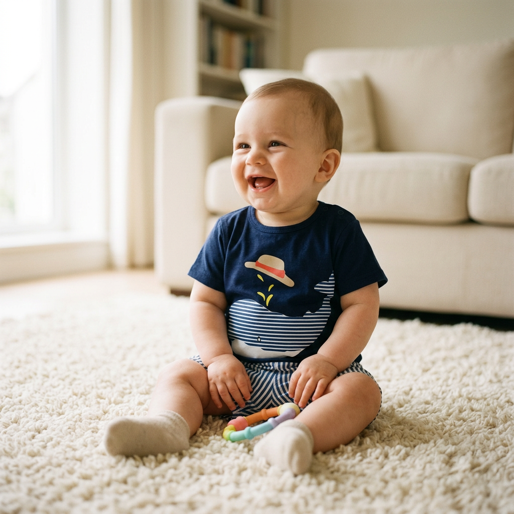 Baby sitting on a rug wearing a simple two-piece blue whale print cotton set