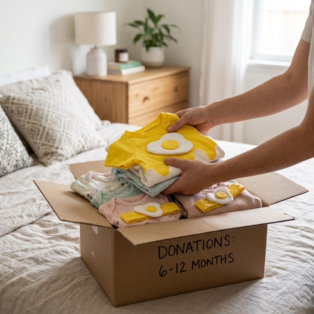 Parent's hands folding a small stack of soft baby clothes into a labeled cardboard donation box