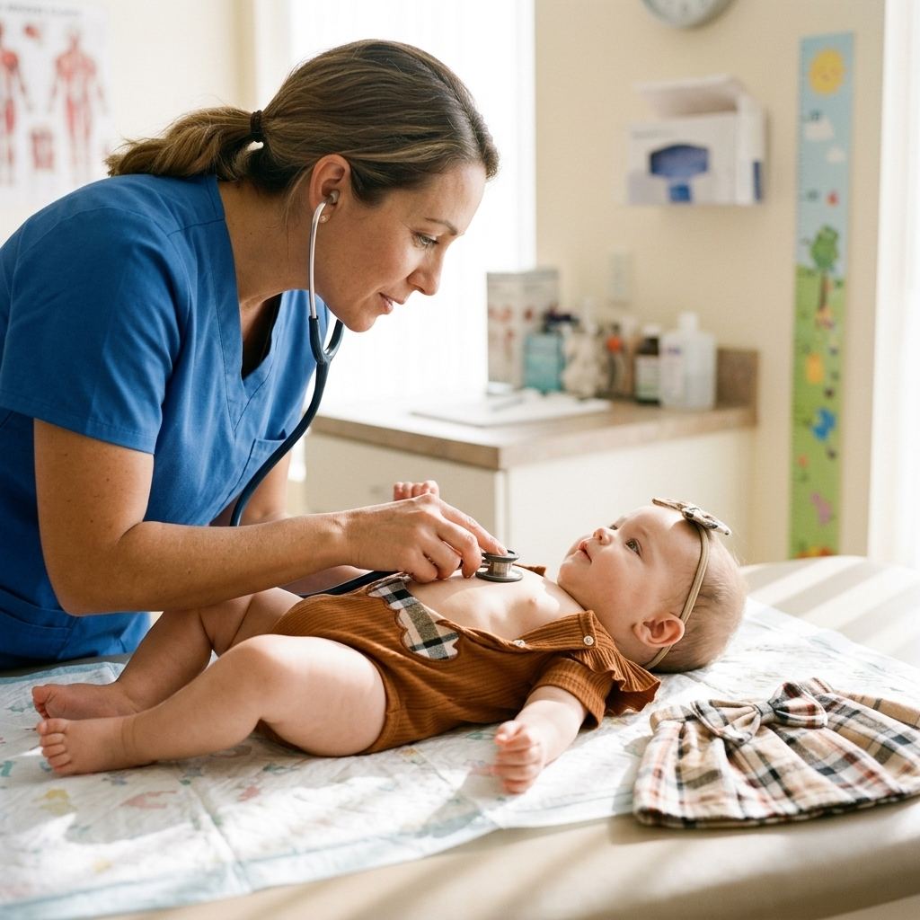Pediatrician listening to a calm baby's chest, baby wearing a soft plaid romper with front snaps easily undone