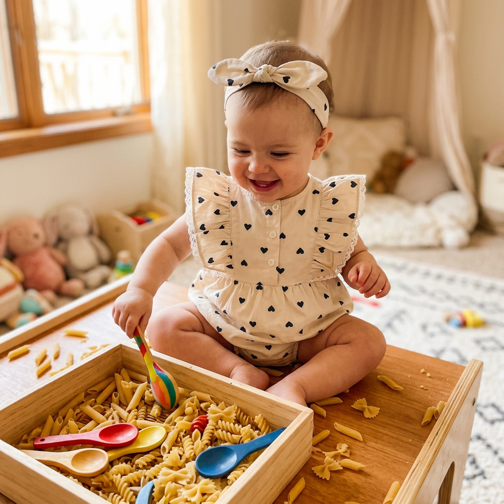 Baby exploring a sensory bin filled with dry pasta and colorful wooden spoons, wearing a simple sleeveless cotton romper