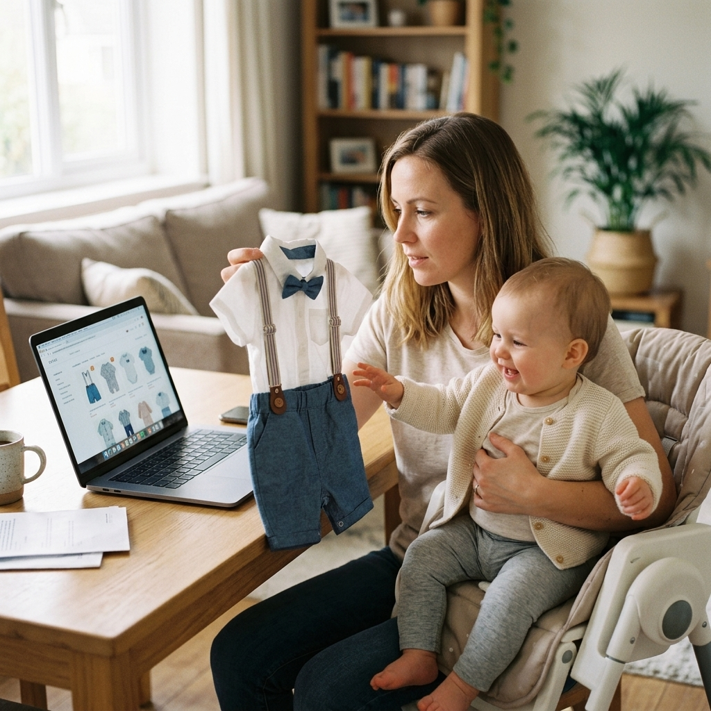 Parent comparing a baby outfit size chart on a laptop while holding up a two-piece outfit next to the baby