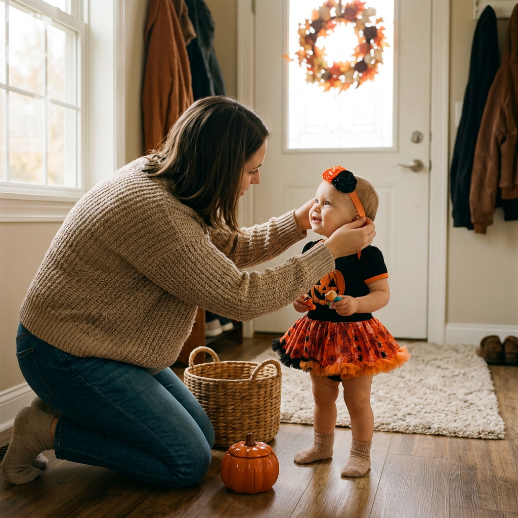 Parent checking the fit of a pumpkin tutu romper and headband halloween costume on a toddler