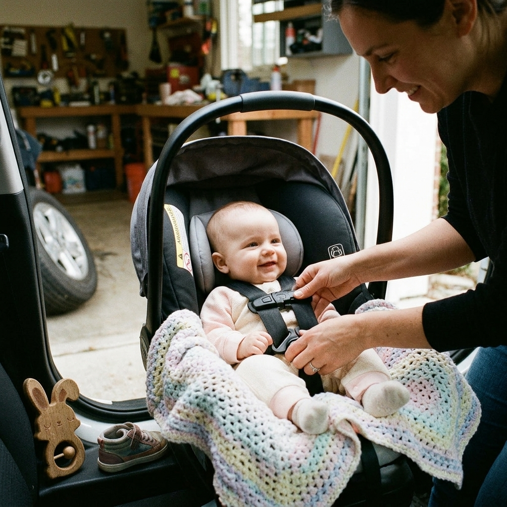 Parent buckling a baby into a car seat wearing a fitted knit jumpsuit with a blanket over the harness