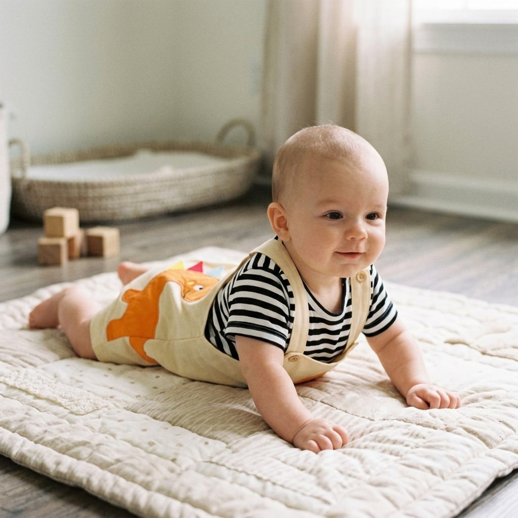 Baby in lightweight cartoon print romper pushing up during tummy time