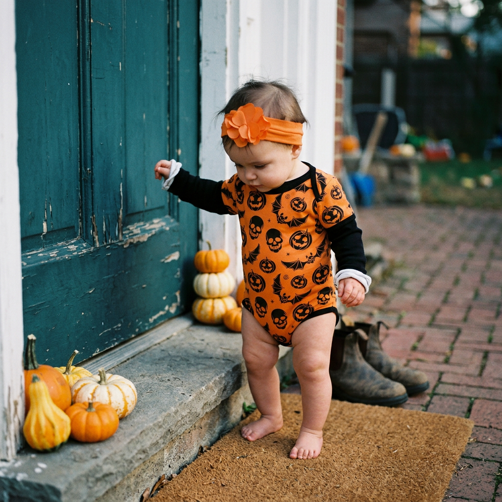 Baby in skull and pumpkin print Halloween romper with a thin layer underneath at the front door