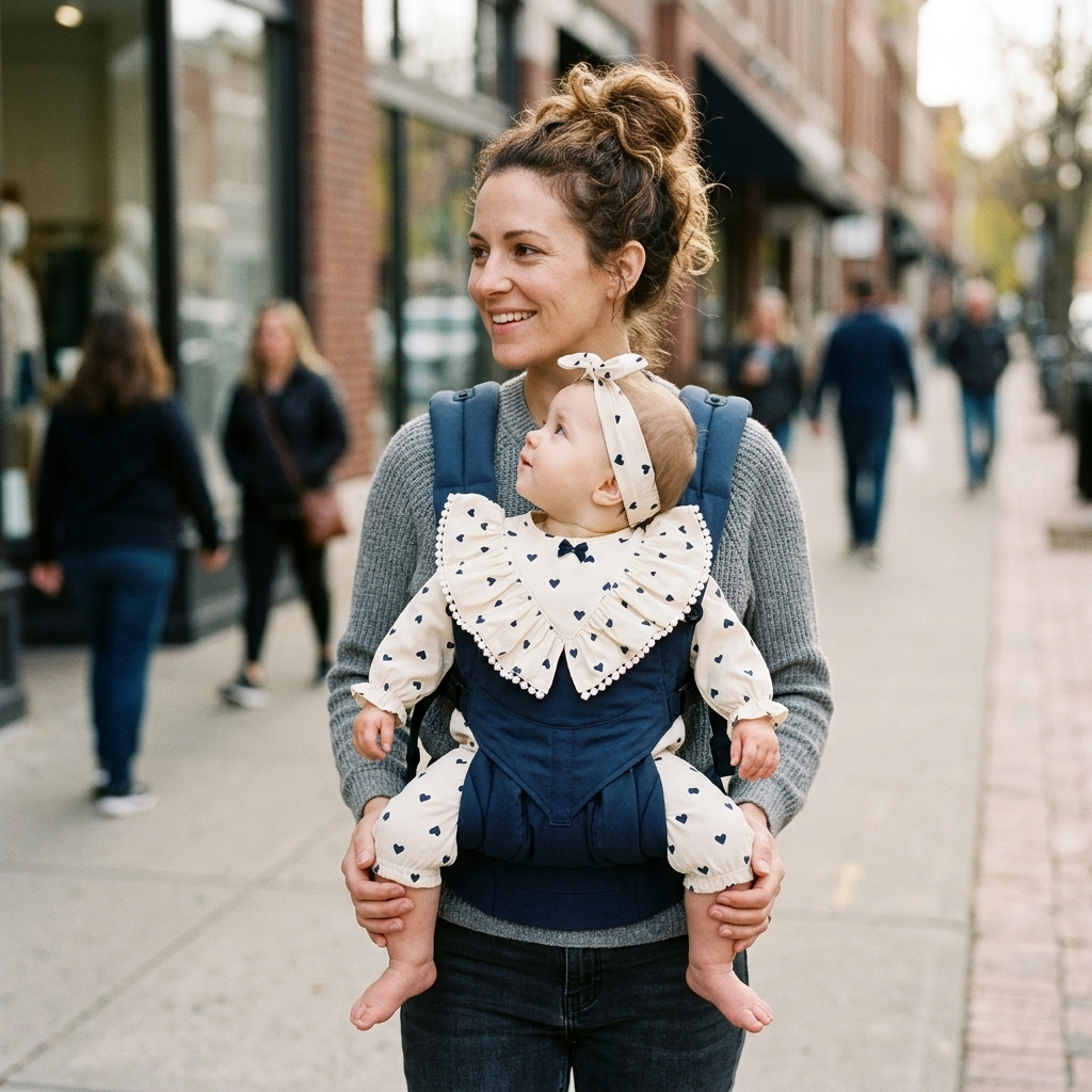 Baby in soft pullover onesie worn in a baby carrier outdoors