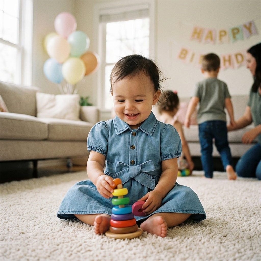Baby girl in a denim dress with puff sleeves playing on the floor at a birthday party