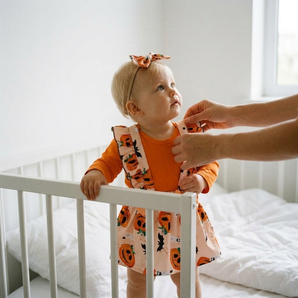 Parent checking the fit of a Halloween dress set with ruffle pumpkin skirt on a baby girl standing by a crib
