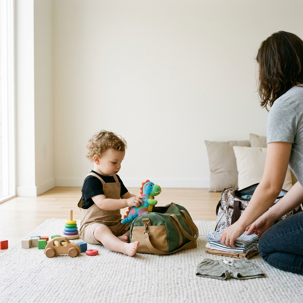 Baby boy in a khaki overalls and tee set sitting by an open overnight bag while a parent packs clothes