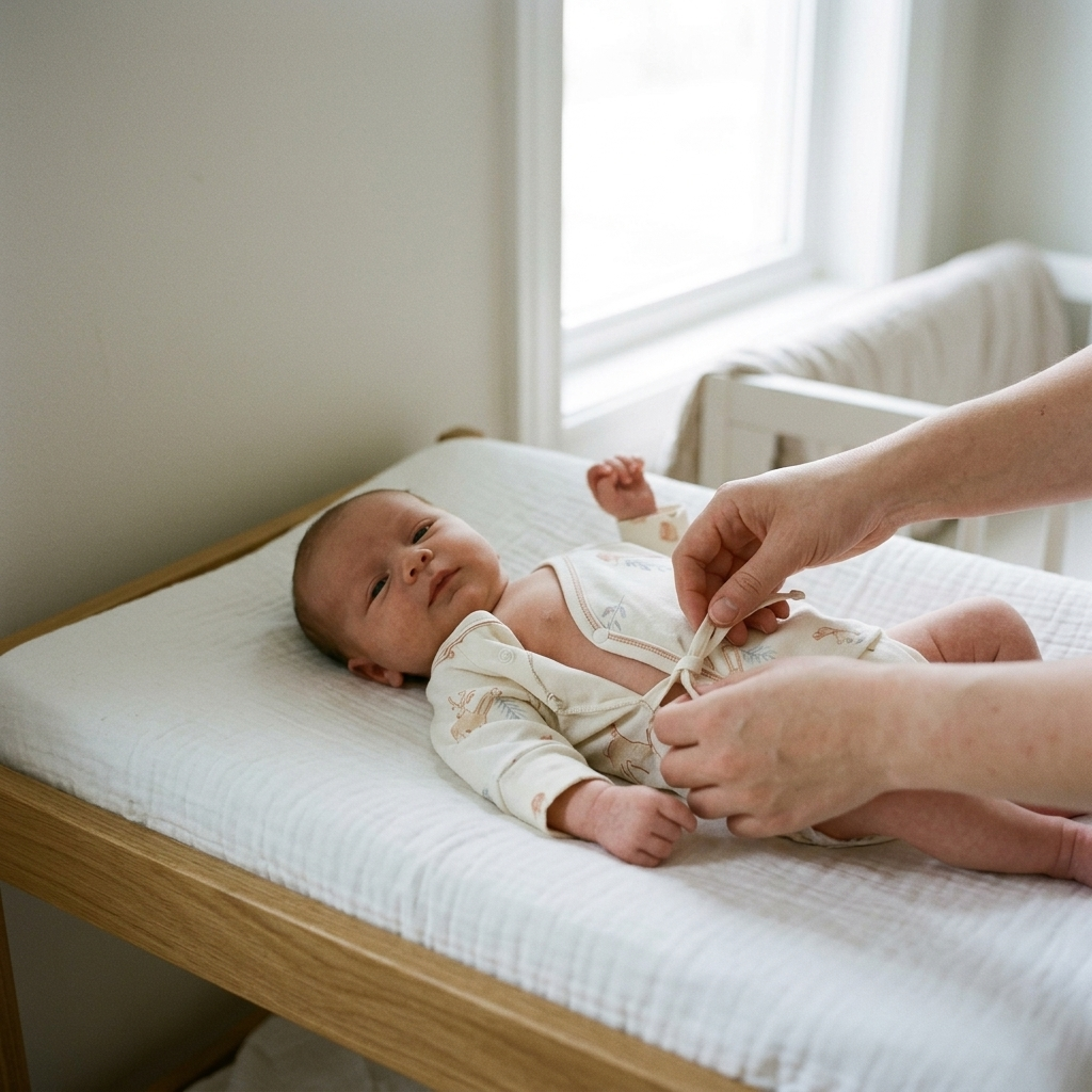 Parent tying the side closure of a jungle print wrap-style top on a newborn lying on a changing mat