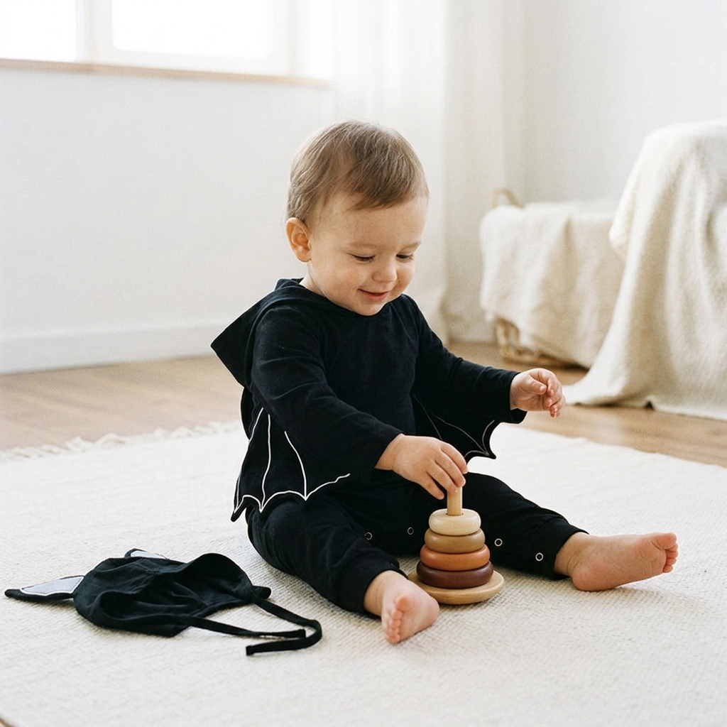 Calm toddler in a black hooded bat romper playing on a cream rug with the hood down