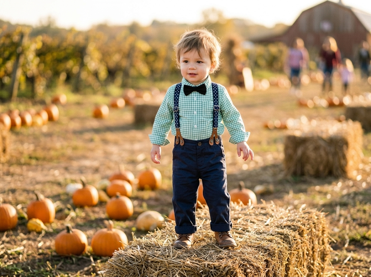 Toddler boy at a pumpkin patch wearing a plaid outfit