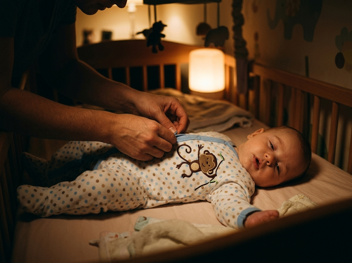Baby in a cotton sleepsuit in a dim nursery at night