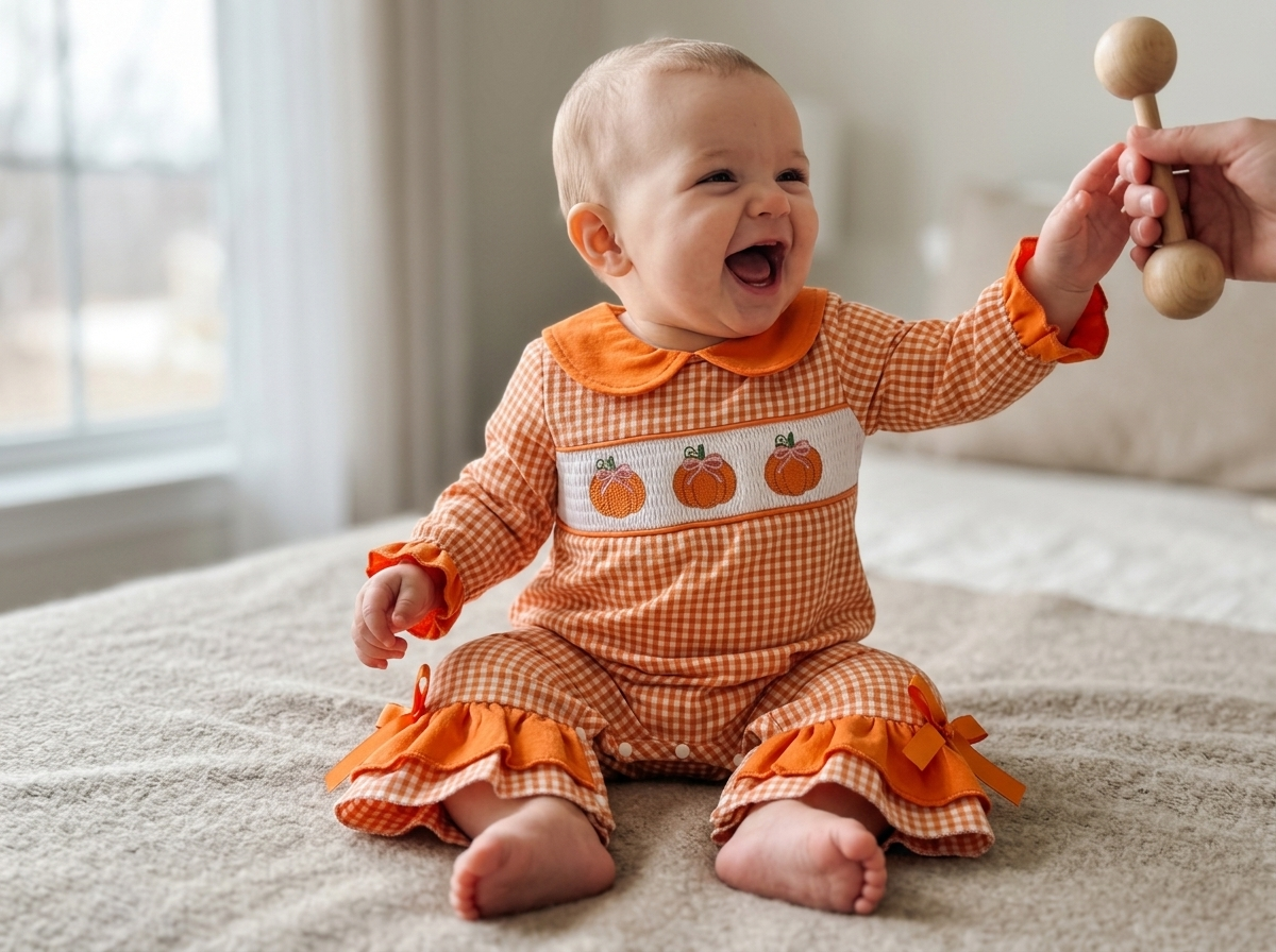 Laughing baby in an orange gingham pumpkin romper by a window