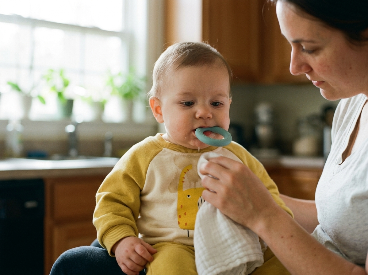 Drooling baby chewing a teething ring while a parent dabs the chin