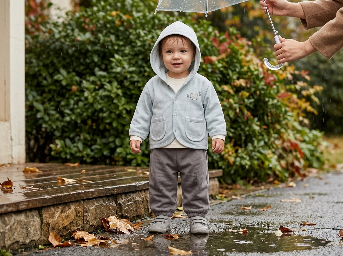 Toddler on a doorstep on a rainy autumn day wearing a hooded jacket, bodysuit and jogger pants set