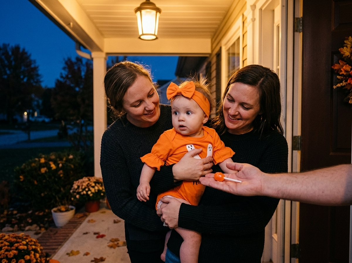 Baby girl in an orange ghost-footprint Halloween romper and bow headband at a front door at dusk