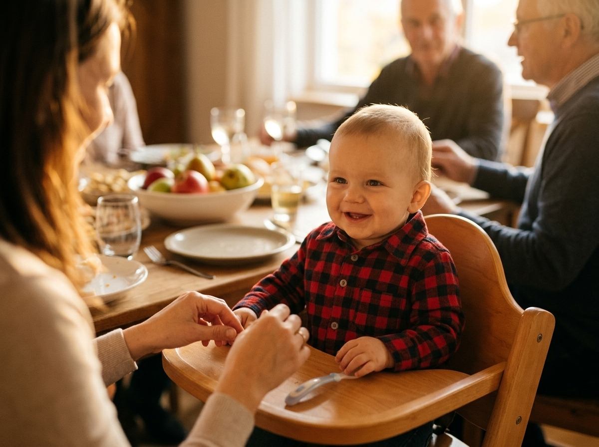 Baby boy in a plaid button-down bodysuit sitting in a high chair at a family dinner table