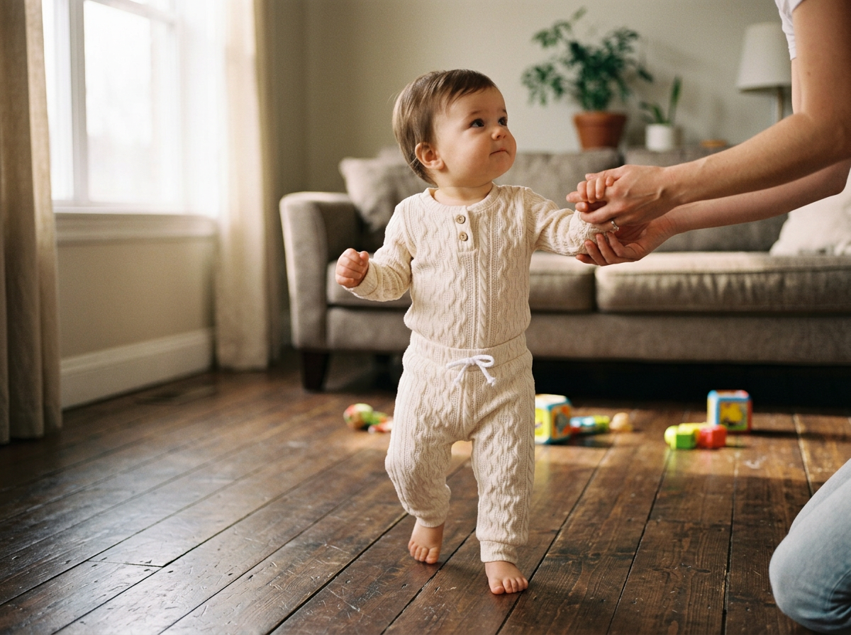 One-year-old baby taking first steps on a wooden floor wearing a ribbed top and pants set