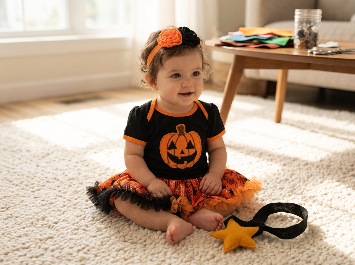 Baby girl in an orange tutu romper and headband sitting on a living room rug