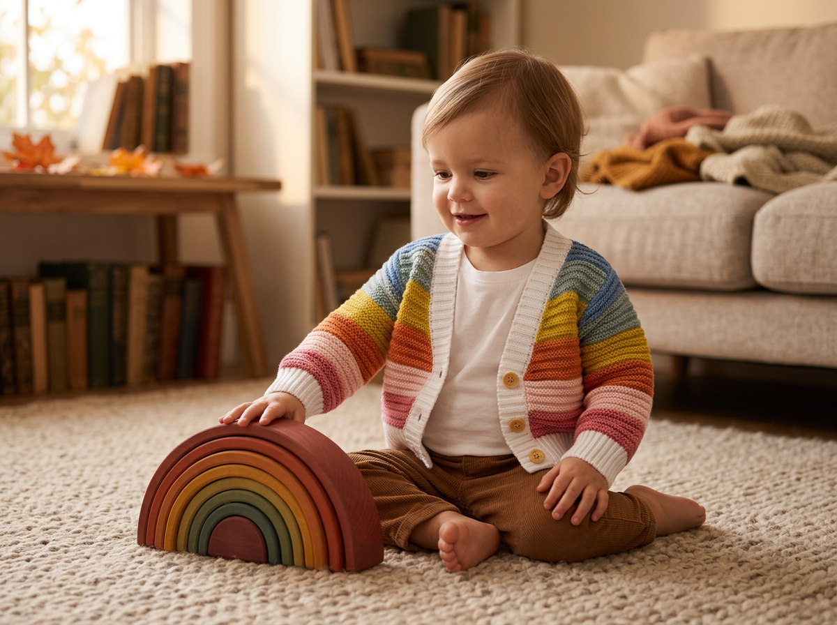 Toddler wearing a knitted rainbow cardigan over a white tee in a cozy living room
