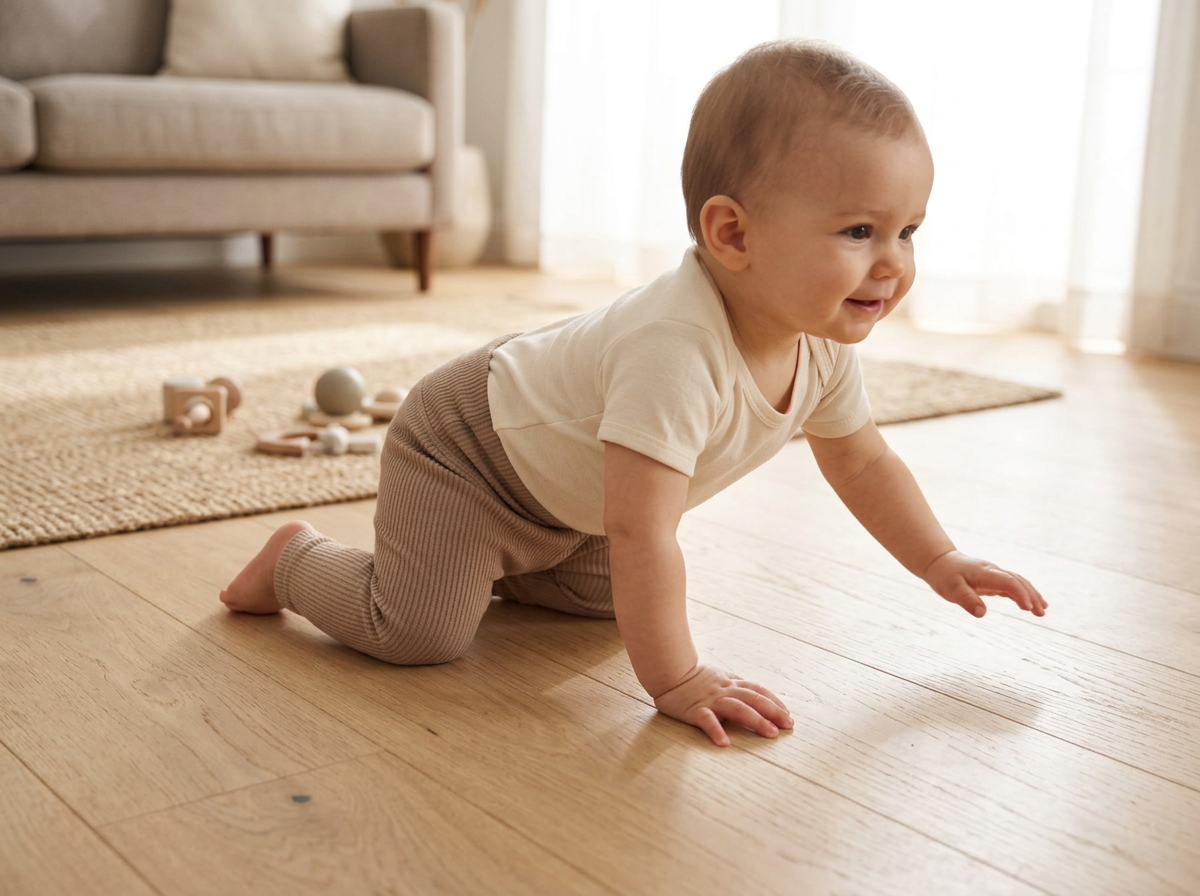 Baby crawling on a wooden floor wearing soft cotton leggings