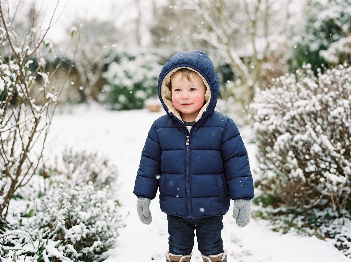 Toddler in a hooded puffer jacket playing in the snow