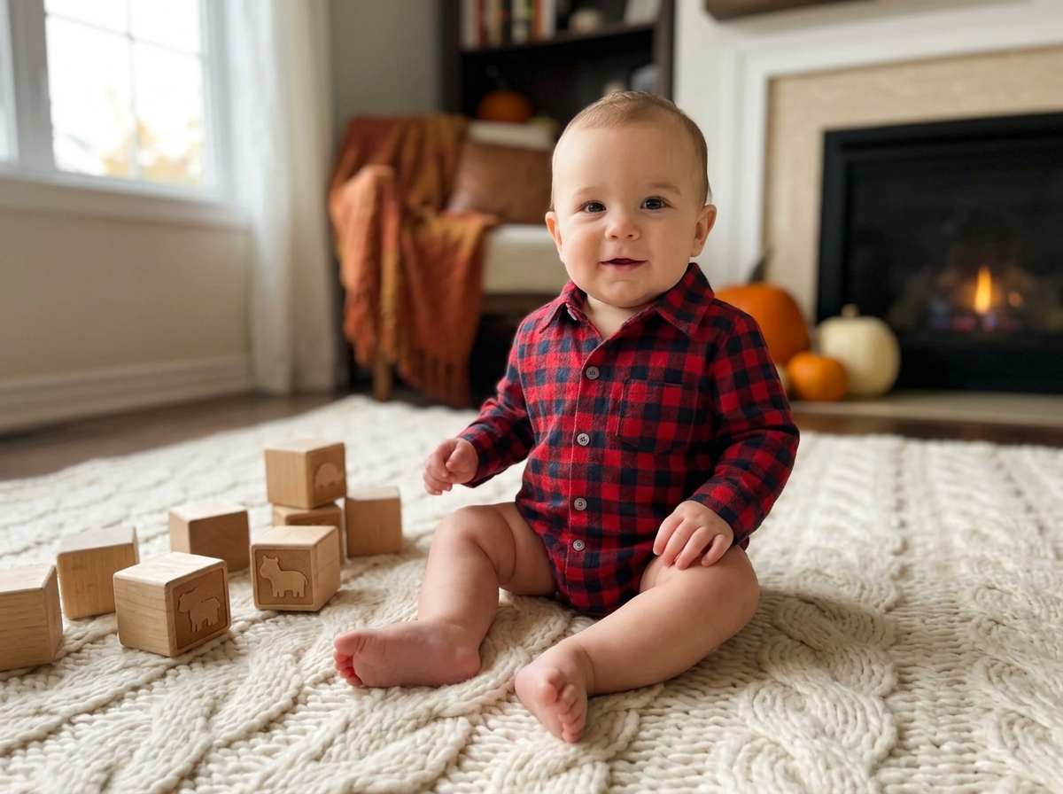Baby in a plaid button-down bodysuit sitting on a cozy rug