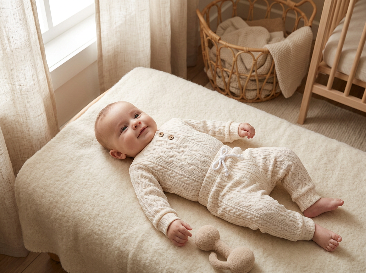 Baby wearing a soft ribbed top and pants set on a cream blanket