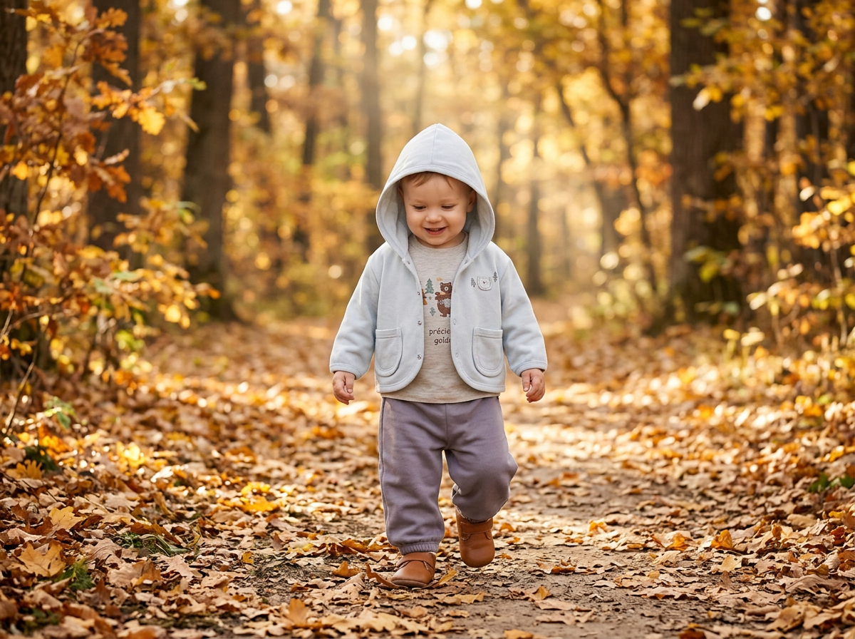 Toddler in a bear-themed hooded outfit walking on an autumn forest trail