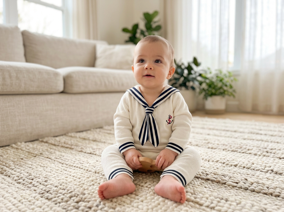 Baby wearing a sailor knit romper sitting on a cozy rug