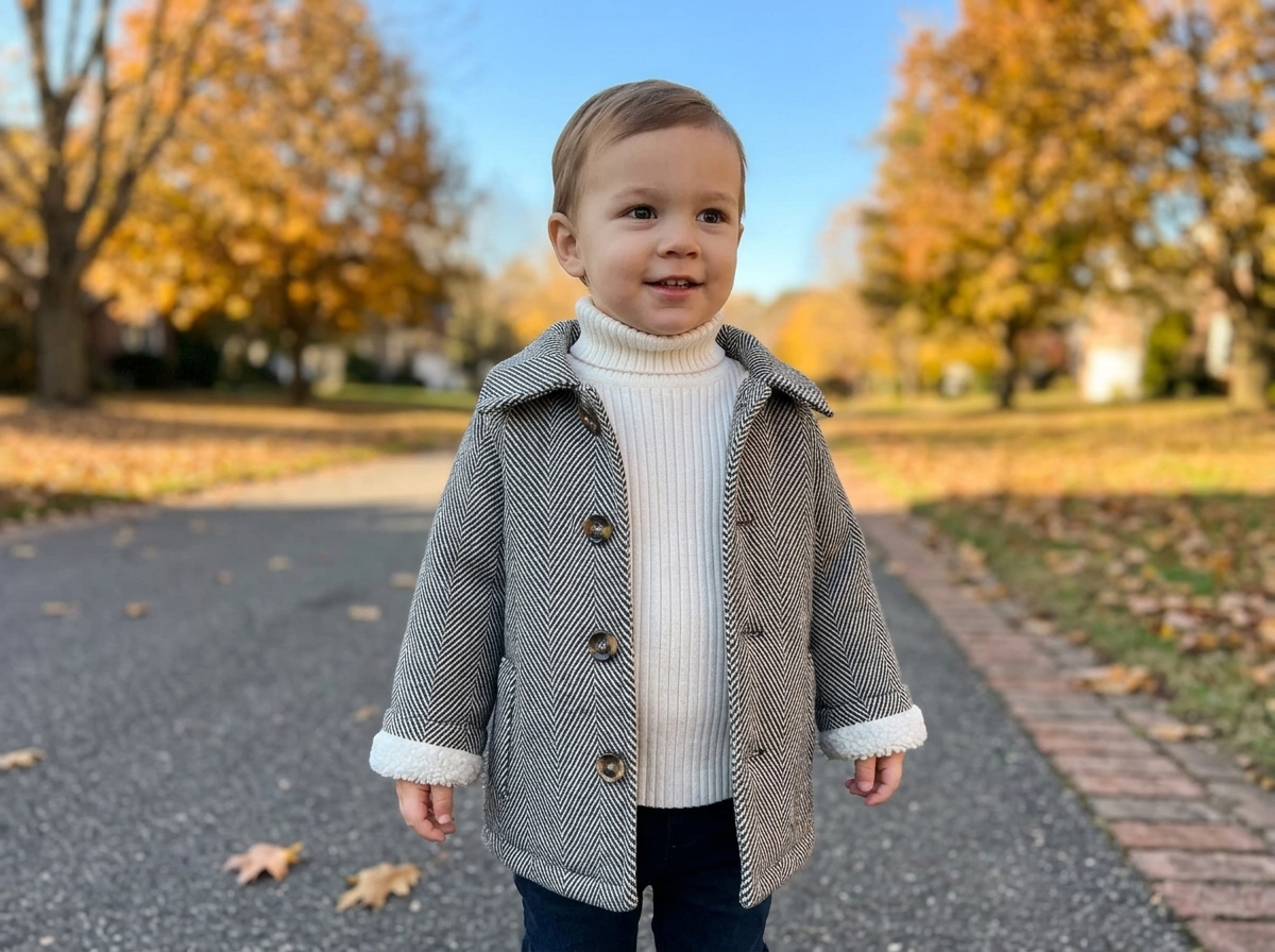 Toddler wearing a fleece-lined coat on an autumn street