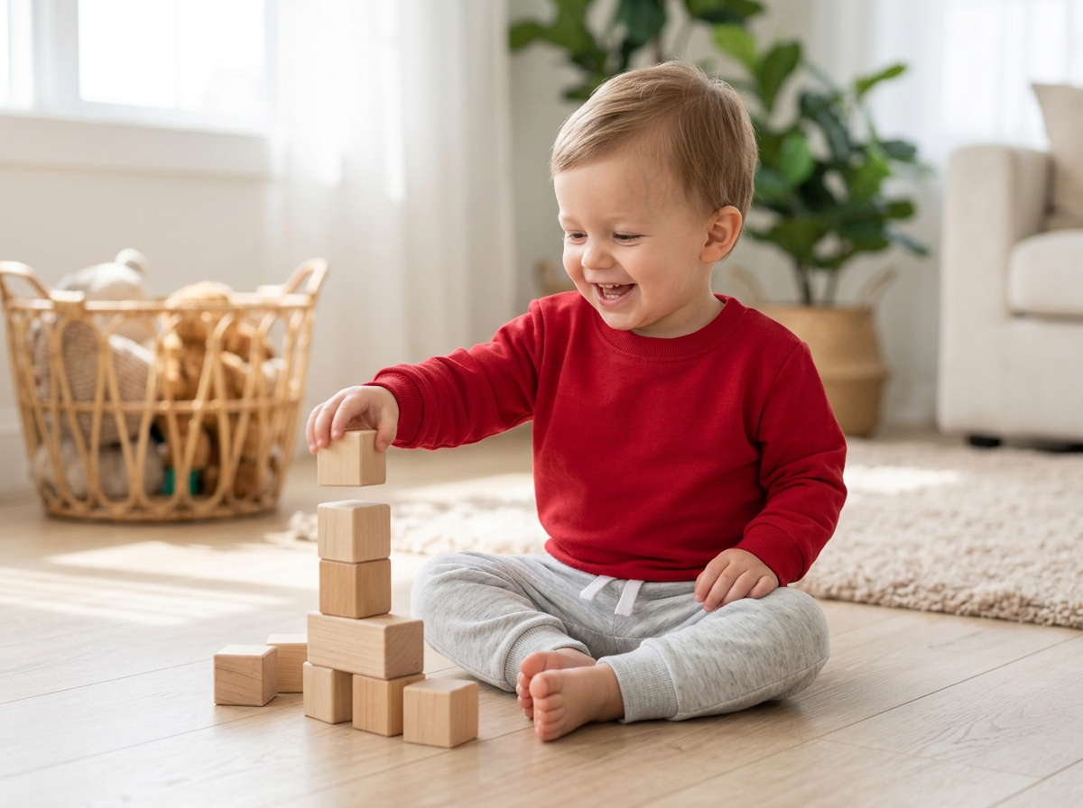 Toddler playing with wooden blocks in a pullover hoodie set