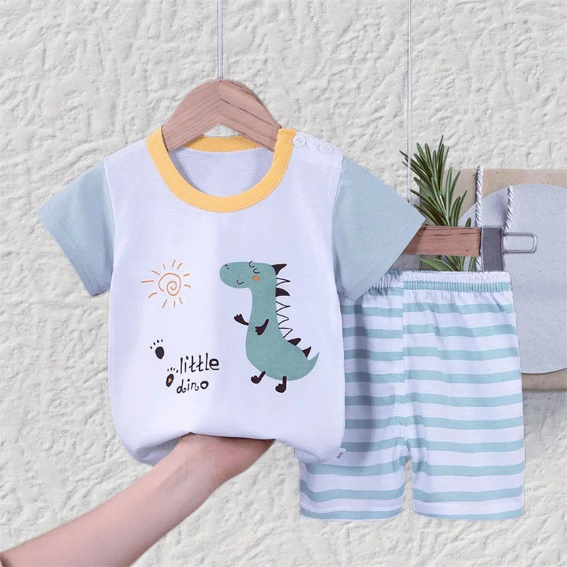 Cartoon Dinosaur Summer Set – 2-Piece Cotton T-Shirt & Shorts Outfit for Boys & Girls | Mimou    Mimou Babywear