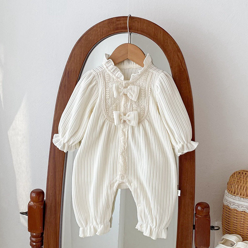 Ivory Ruffle Collar Bow Romper – Lace Bib Striped Long Sleeve Bodysuit (0–12M)