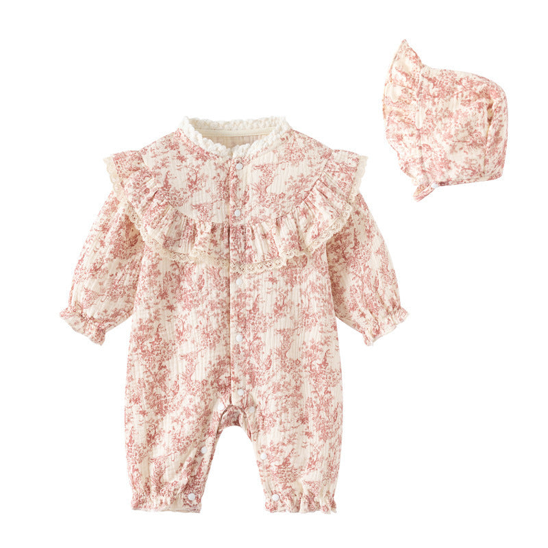 Pink Toile Botanical Sleepsuit & Bonnet Set – Ruffle Collar Long Sleeve Romper (0–24M)