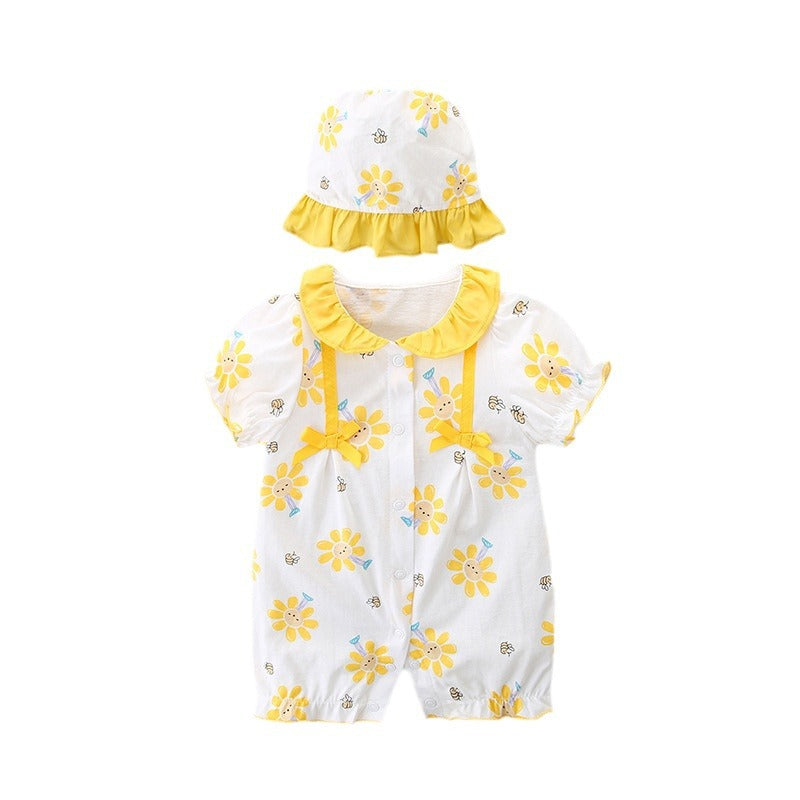 Ensemble barboteuse marguerite ensoleillée et bob – body à manches courtes avec col volanté (0–18 mois)