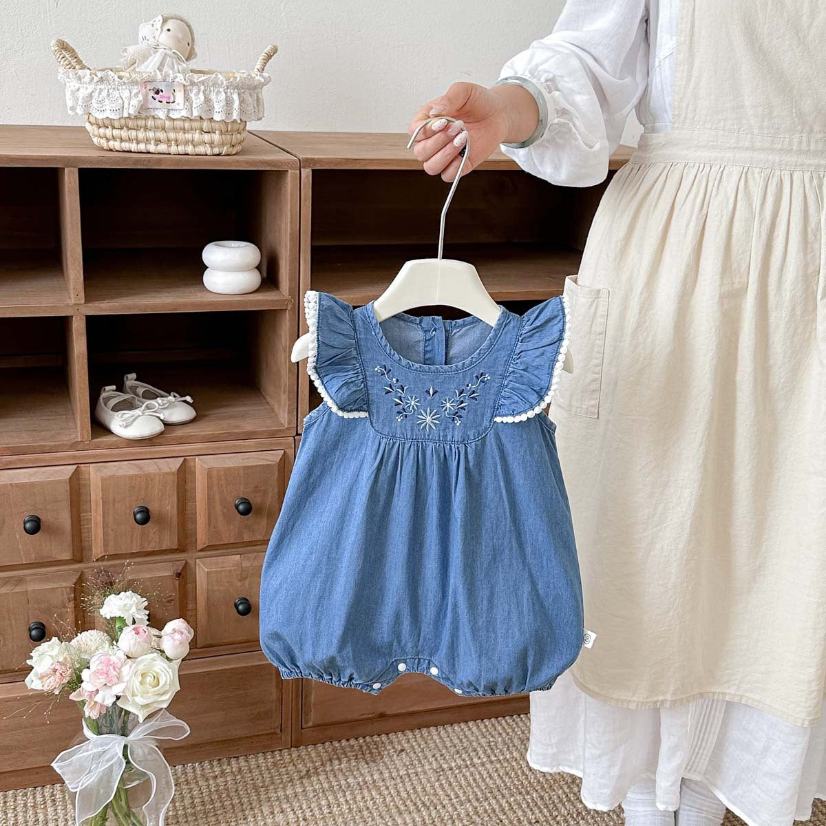 Embroidered Denim Flutter Romper – Lace Trim Bubble Bodysuit (0–18M)