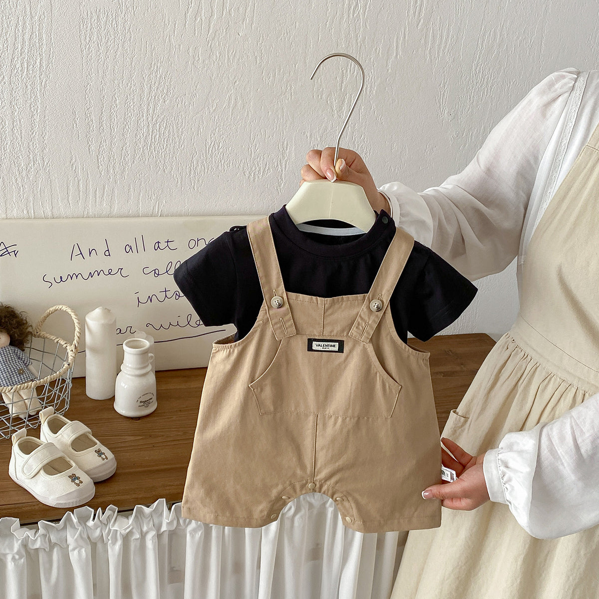 Khaki Short Overalls & Black Tee Set – Lightweight Cotton Two-Piece Baby Boy Outfit (0–24M)