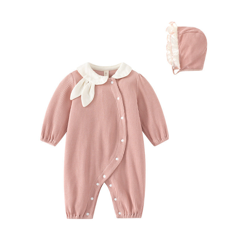 Pink Ribbed Peter Pan Collar Sleepsuit & Bonnet Set – Long Sleeve Snap Romper (0–12M)