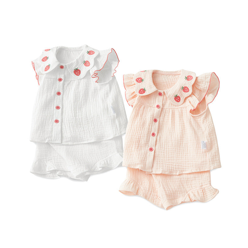 Strawberry Collar Muslin Set – Button Top & Ruffle Bloomer Shorts (3M–3Y)
