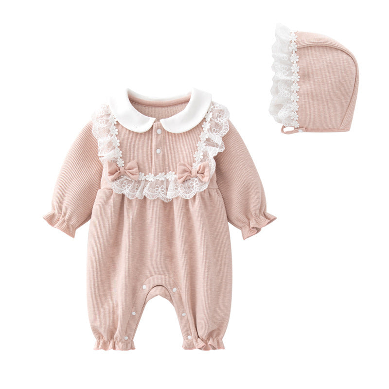 Pink Lace Bib Collar Sleepsuit & Bonnet Set – Long Sleeve Ribbed Romper (0–12M)