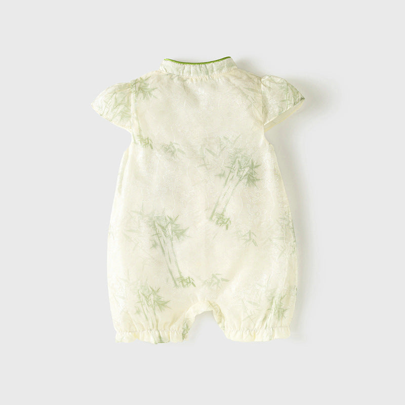 Bamboo & Panda Tassel Romper – Braided Button Short Sleeve Bodysuit (0–18M)