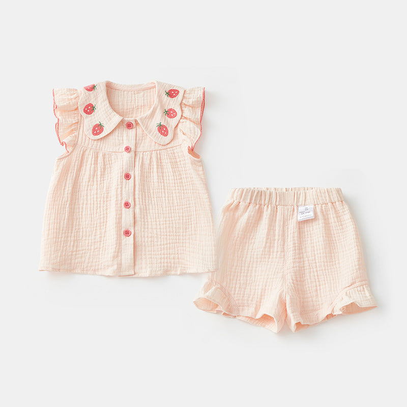Strawberry Collar Muslin Set – Button Top & Ruffle Bloomer Shorts (3M–3Y)