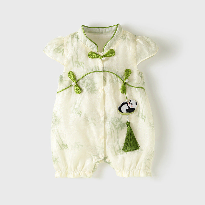 Bamboo & Panda Tassel Romper – Braided Button Short Sleeve Bodysuit (0–18M)