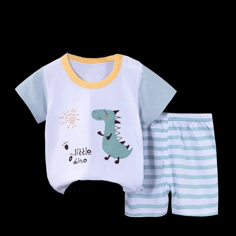 Cartoon Dinosaur Summer Set – 2-Piece Cotton T-Shirt & Shorts Outfit for Boys & Girls | Mimou    Mimou Babywear