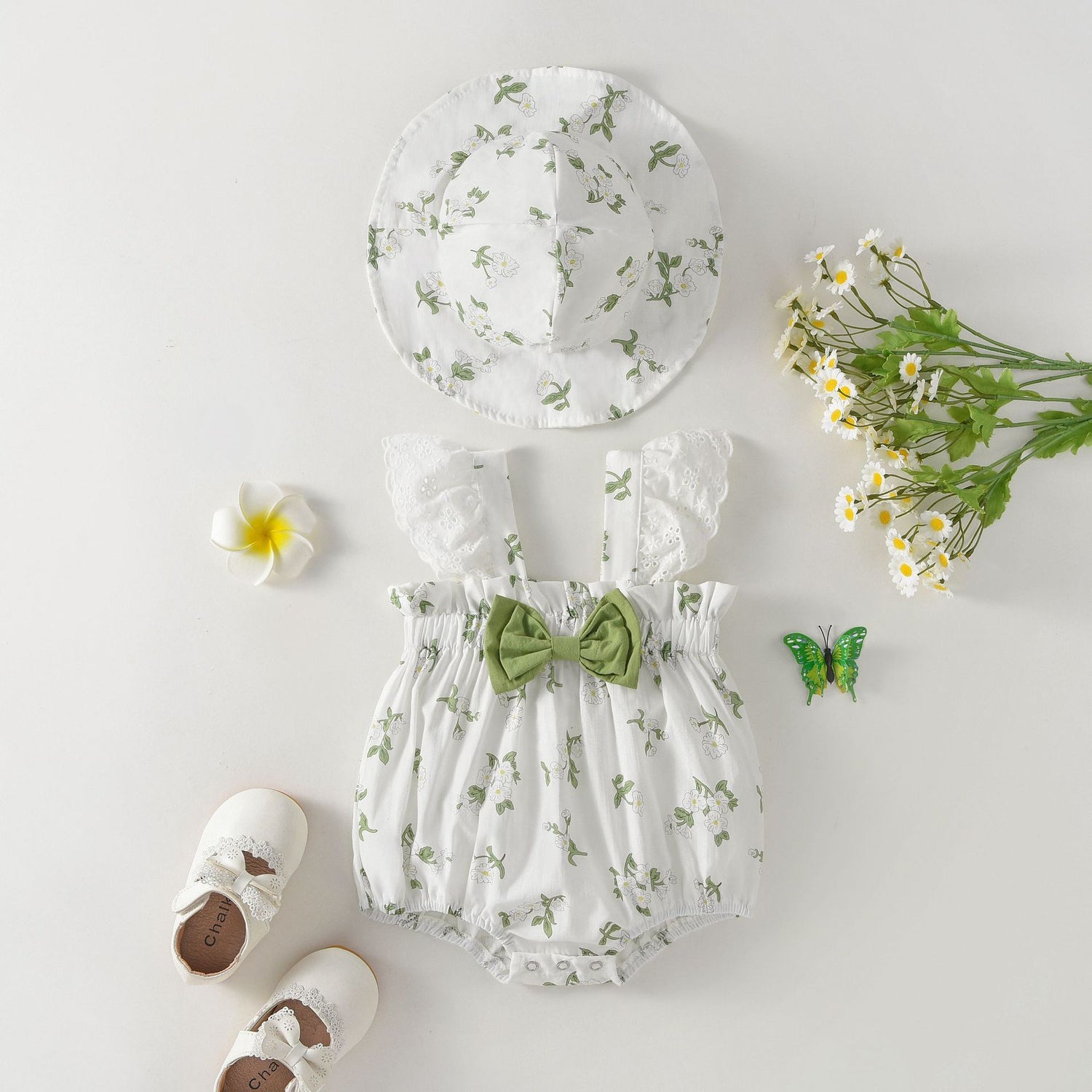 White Botanical Eyelet Romper – Flutter Lace Sleeve & Sage Bow Bodysuit (0–18M)