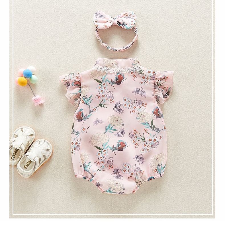 Peony Garden Bubble Romper – Stand Collar Flutter Sleeve Bodysuit with Hair Flower (0–12M)